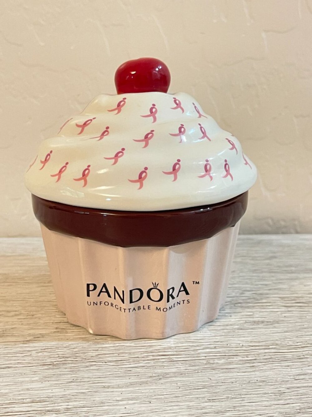 Pandora Ceramic Cupcake Jewelry Box Trinket Pink Breast Cancer Ribbons Cherry
